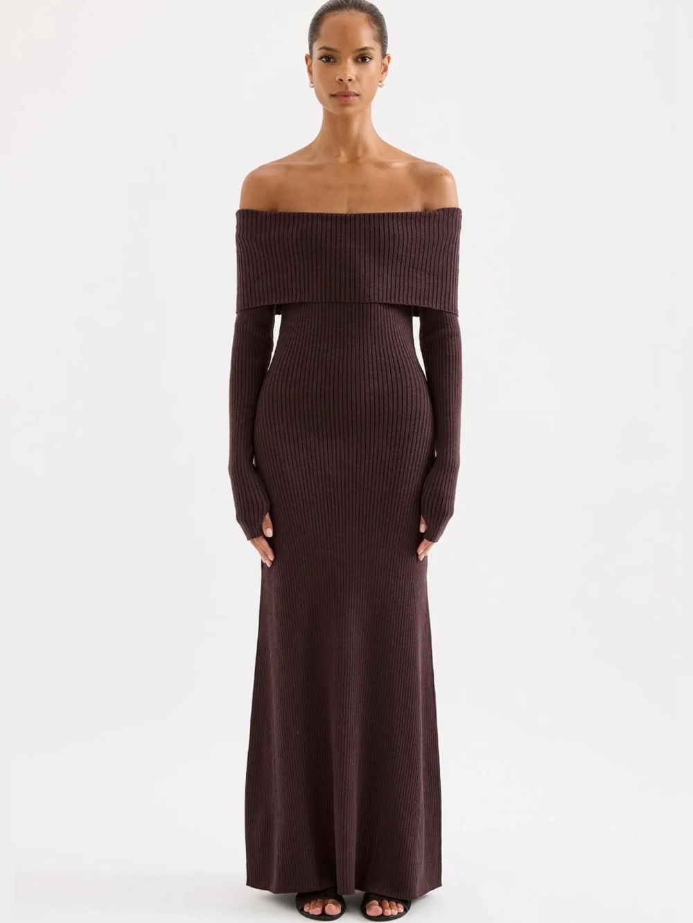Nude Lucy Long Sleeve Ribbed Fold-Over Neck Dress Dark Brown XS